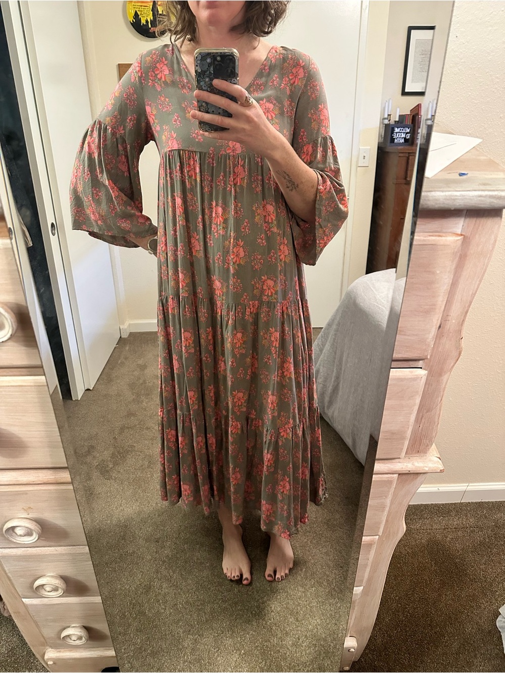 Natural Life Charlotte Maxi Dress - Gray with Coral Pink Flowers - Picture 6 of 7